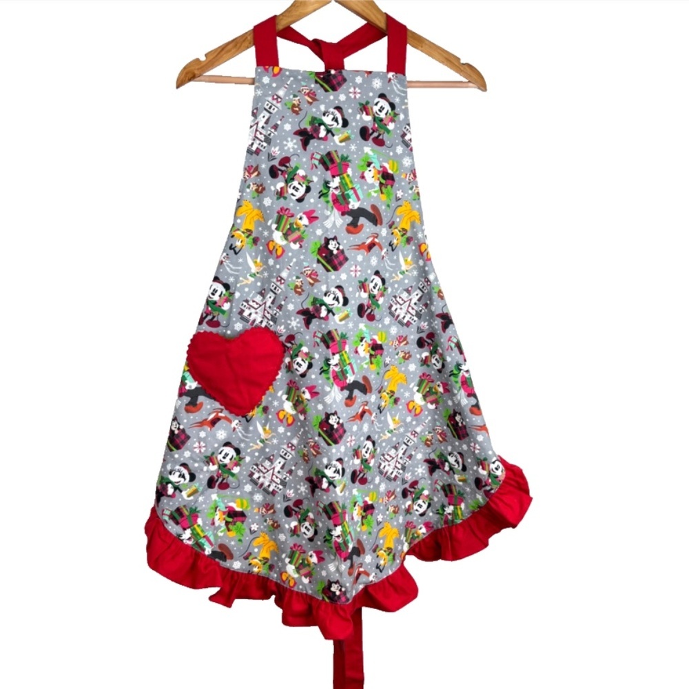 Disney Christmas Apron Womens Red Ruffle Mickey Minnie Tinkerbell Pocket READ